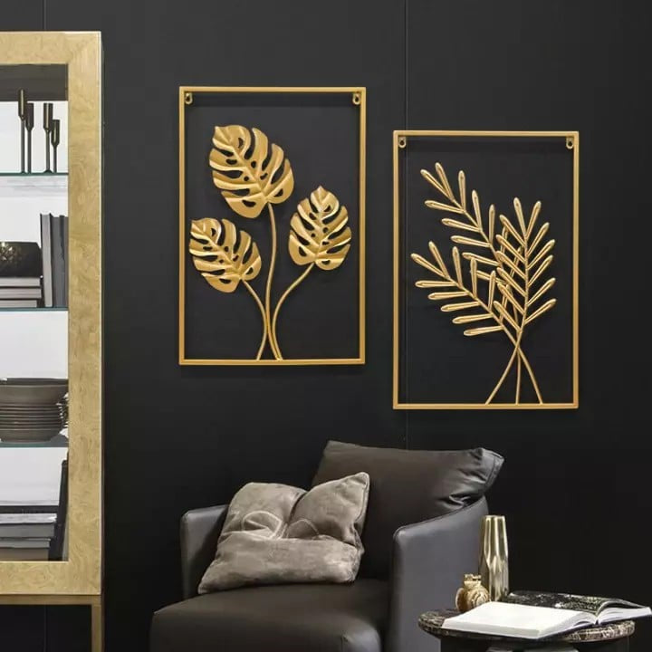 Metal Wall Decor with Square Frame Leaf Art Gold Framed Leaves For Home Room Living Walls Decoration