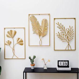 Metal Wall Decor with Square Frame Leaf Art Gold Framed Leaves For Home Room Living Walls Decoration