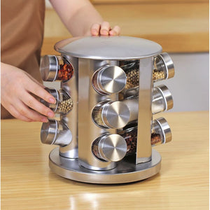 360 Rotating Stainless Spice Rack With 12 jars Spice Tower Round Kitchen Spice Rack
