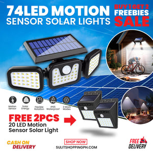 (Buy 1 Get 2 FREE ) 74LED Split Type Three Head Motion Sensor Solar Lights with FREE 2pcs 20 LED Motion Sensor Solar Light