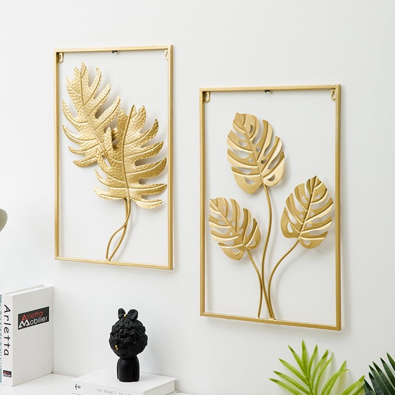 Metal Wall Decor with Square Frame Leaf Art Gold Framed Leaves For Home Room Living Walls Decoration