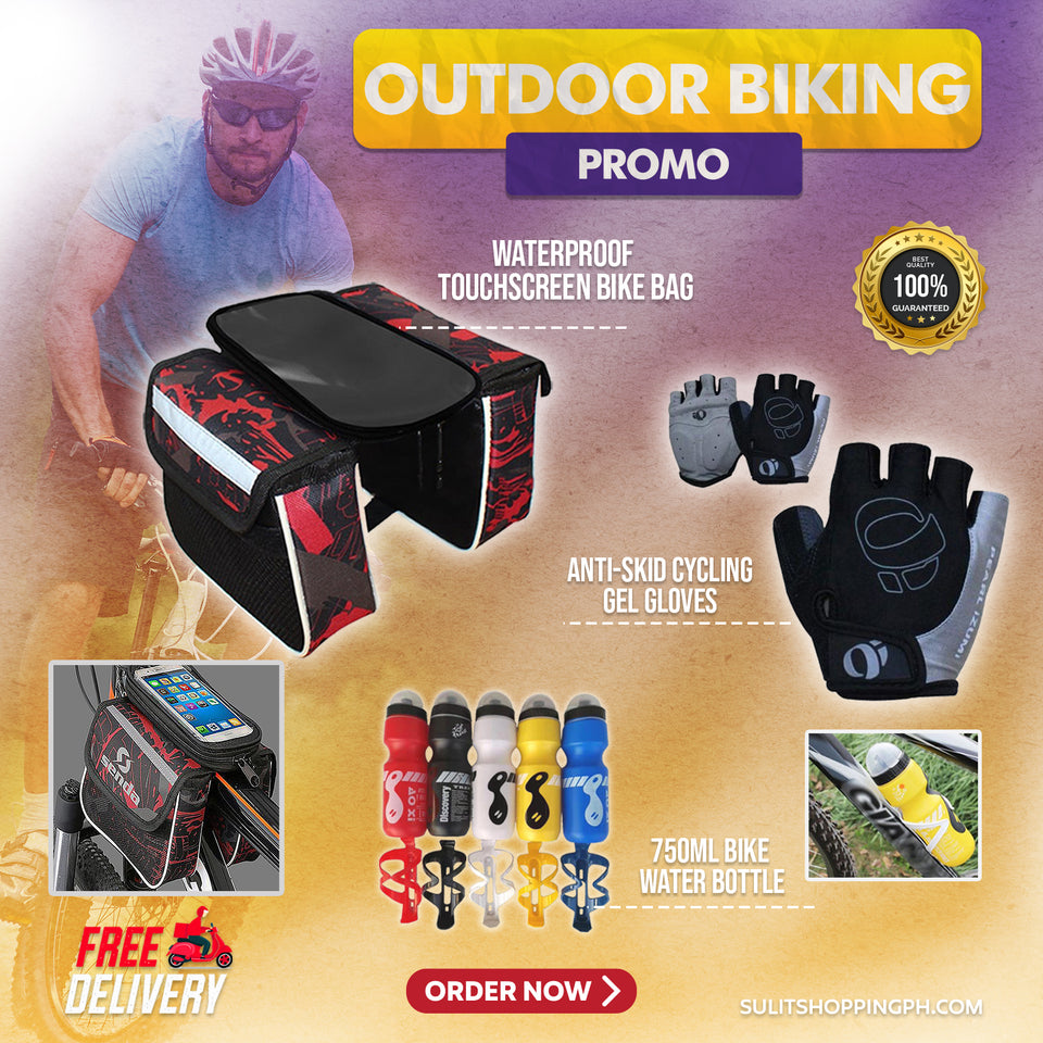 Outdoor Biking Combo Promo (Waterproof Touchscreen Bike Bag + 750ml Bike Water Bottle + Anti-skid Cycling Gel Gloves )