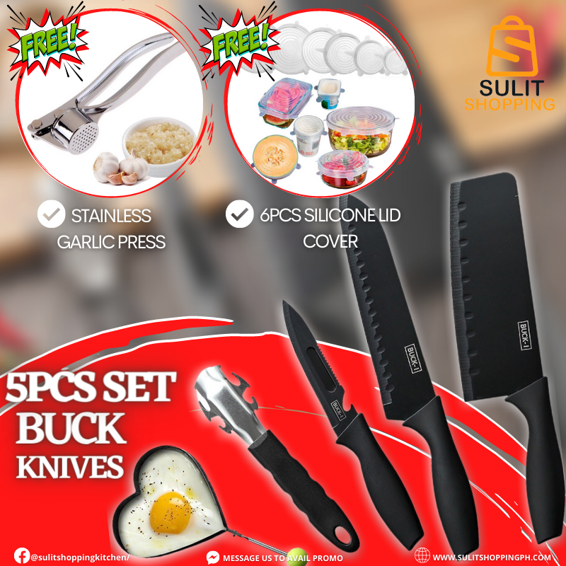 BUCK KNIVES SET + FREE STAINLESS GARLIC PRESS AND 6PCS SILICONE LID COVER