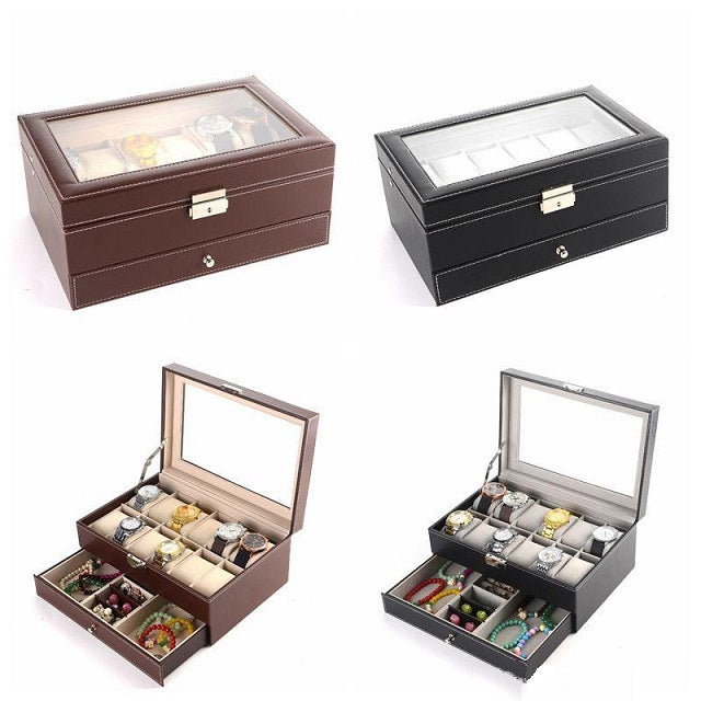 12 Grids Slots Double Layers PU Leather Watch Storage Box