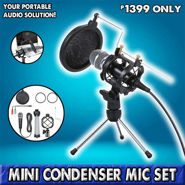 PORTABLE CONDENSER MICROPHONE SET ( WITH STAND, WINDSCREEN, FOAM COVERS, Y SPLITTER)